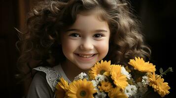 uma pequeno menina segurando uma grupo do amarelo flores generativo ai foto
