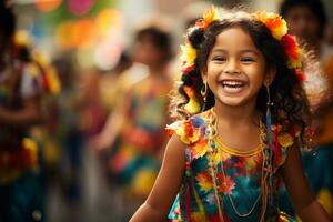 uma pequeno menina dentro uma colorida vestir é sorridente generativo ai foto