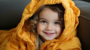 uma pequeno menina é vestindo uma amarelo cobertor generativo ai foto