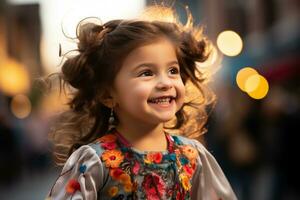 uma pequeno menina é sorridente enquanto em pé em a rua generativo ai foto