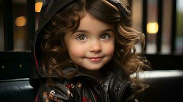 uma pequeno menina vestindo uma Preto Jaqueta sentado em uma Banco generativo ai foto