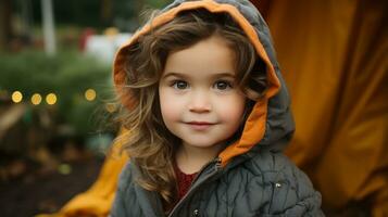uma pequeno menina vestindo uma cinzento e laranja Jaqueta generativo ai foto