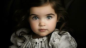 uma pequeno menina com grande olhos sentado dentro uma carro generativo ai foto