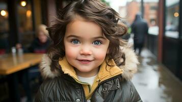 uma pequeno menina com azul olhos em pé dentro frente do uma restaurante generativo ai foto