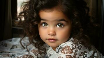 uma pequeno menina com encaracolado cabelo e verde olhos generativo ai foto