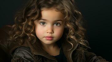 uma pequeno menina com encaracolado cabelo sentado em uma cadeira generativo ai foto