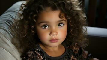 uma pequeno menina com encaracolado cabelo sentado em uma sofá generativo ai foto