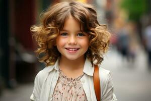 uma pequeno menina com encaracolado cabelo em pé em a rua generativo ai foto