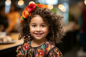 uma pequeno menina com encaracolado cabelo vestindo uma flor coroa generativo ai foto