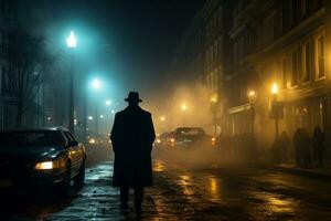 uma homem é caminhando baixa a rua às noite foto