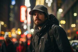 uma homem com uma barba e uma Preto Jaqueta em pé dentro a meio do uma cidade rua às noite generativo ai foto