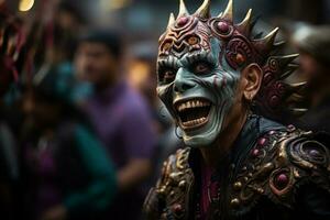 uma homem vestindo uma mascarar com espigões em dele cabeça generativo ai foto