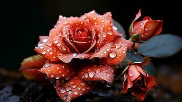 uma vermelho rosa com água gotas em isto generativo ai foto