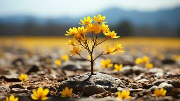 uma pequeno amarelo flor é crescendo Fora do uma Rocha dentro a meio do uma campo generativo ai foto