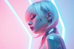 uma mulher dentro uma futurista equipamento com néon luzes foto