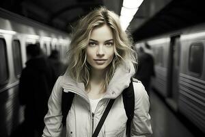 uma mulher é em pé dentro frente do uma metrô trem generativo ai foto
