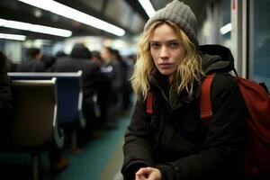 uma mulher sentado em uma metrô trem com uma mochila generativo ai foto