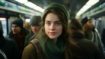 uma mulher vestindo uma verde chapéu e cachecol em uma metrô trem generativo ai foto