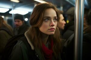 uma mulher com grandes Castanho cabelo e uma vermelho cachecol em uma metrô generativo ai foto