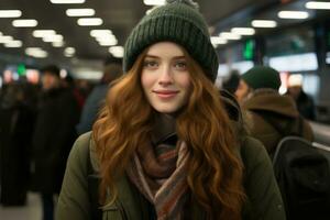 uma mulher com grandes vermelho cabelo e uma verde gorro em pé dentro a aeroporto generativo ai foto