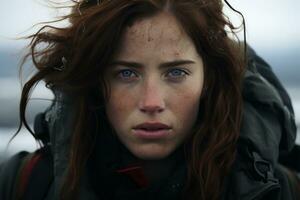 uma mulher com vermelho cabelo e azul olhos parece para dentro a Câmera generativo ai foto