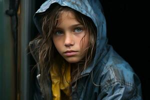uma jovem menina dentro uma chuva Jaqueta olhando Fora a janela generativo ai foto
