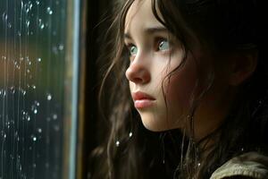 uma jovem menina parece Fora a janela às a chuva generativo ai foto