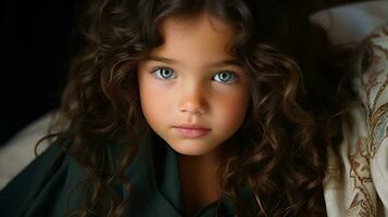 uma jovem menina com grande azul olhos sentado em uma cama generativo ai foto