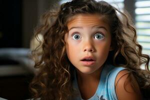 uma jovem menina com grande olhos olhando acima às a Câmera generativo ai foto