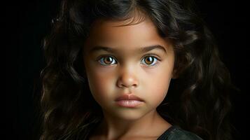 uma jovem menina com Sombrio cabelo e azul olhos generativo ai foto