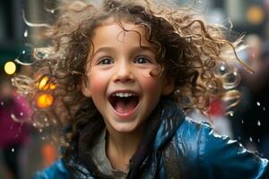 uma jovem menina com encaracolado cabelo é rindo dentro a chuva generativo ai foto