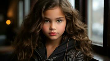 uma jovem menina com grandes Castanho cabelo e verde olhos generativo ai foto