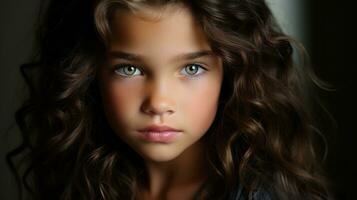 uma jovem menina com grandes Castanho cabelo e verde olhos generativo ai foto