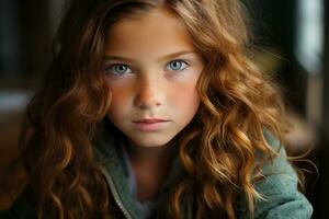 uma jovem menina com grandes encaracolado cabelo e azul olhos foto