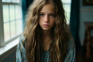 uma jovem menina com grandes cabelo sentado dentro frente do uma janela generativo ai foto