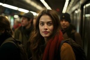 uma jovem mulher em pé em uma metrô trem foto