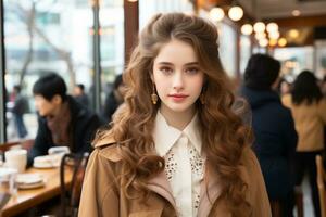 uma jovem mulher com grandes ondulado cabelo dentro uma cafeteria generativo ai foto