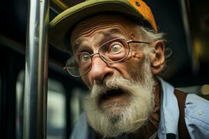 a velho homem com uma barba e óculos em uma ônibus generativo ai foto