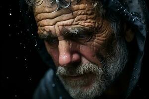 a velho homem com uma de capuz em dentro a chuva generativo ai foto