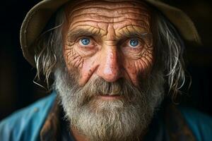 a velho homem com azul olhos e uma chapéu generativo ai foto