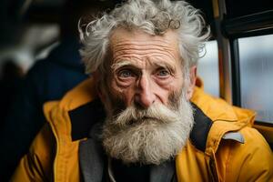 a velho homem com uma grandes branco barba sentado em uma ônibus foto