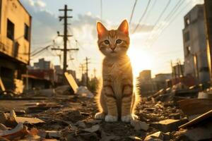a laranja malhado gato senta em a terra dentro a urbano área generativo ai foto