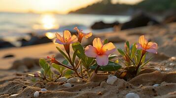 flores em a de praia às pôr do sol generativo ai foto