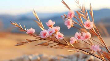 Rosa flores dentro a deserto com montanhas dentro a fundo generativo ai foto