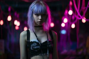 uma jovem mulher com roxa cabelo em pé dentro frente do Rosa luzes generativo ai foto