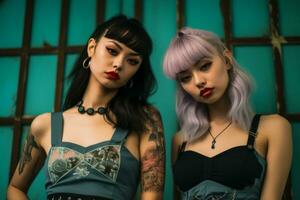 dois mulheres com tatuagens e piercings em pé Próximo para cada de outros generativo ai foto