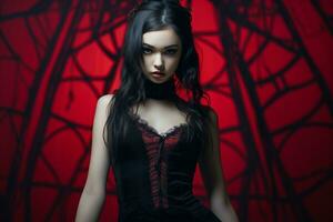 lindo gótico mulher dentro Preto vestir e vermelho fundo generativo ai foto