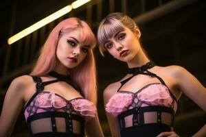 dois mulheres dentro Preto e Rosa lingerie posando para a Câmera generativo ai foto