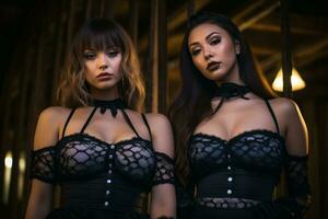 dois mulheres dentro Preto lingerie em pé Próximo para cada de outros generativo ai foto