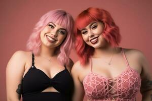 dois mulheres com Rosa cabelo posando para a Câmera generativo ai foto